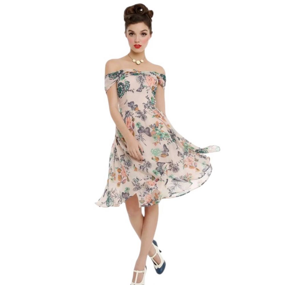 Hell Bunny Off-Shoulder Floral Midi Dress in Blush and Green
